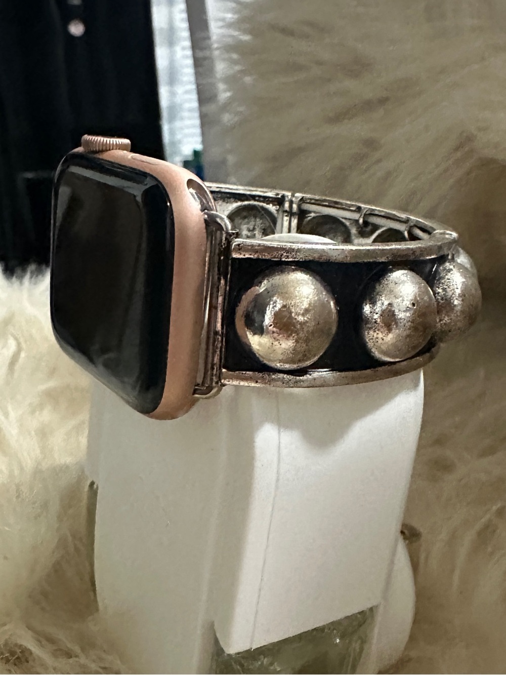 Apple Watch band with a Decorative Silver-tone.